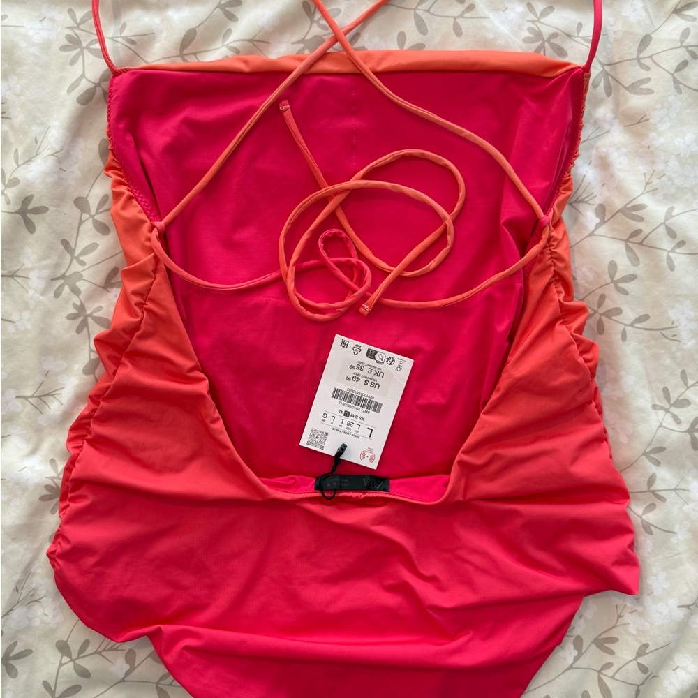 Zara Ombré Pink and Orange Ruched One Piece Swimsuit L